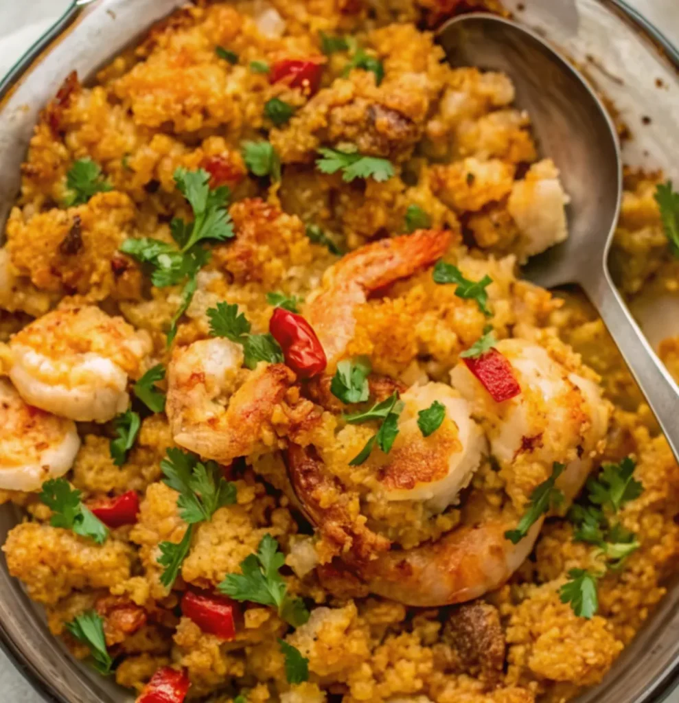 A golden-brown seafood stuffing recipe featuring succulent shrimp, flaky fish, and fresh herbs. This hearty dish is garnished with bright parsley and diced red peppers