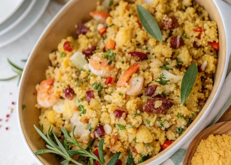 A delicious seafood stuffing recipe served in a baking dish, garnished with fresh herbs, perfect for holidays or special occasions