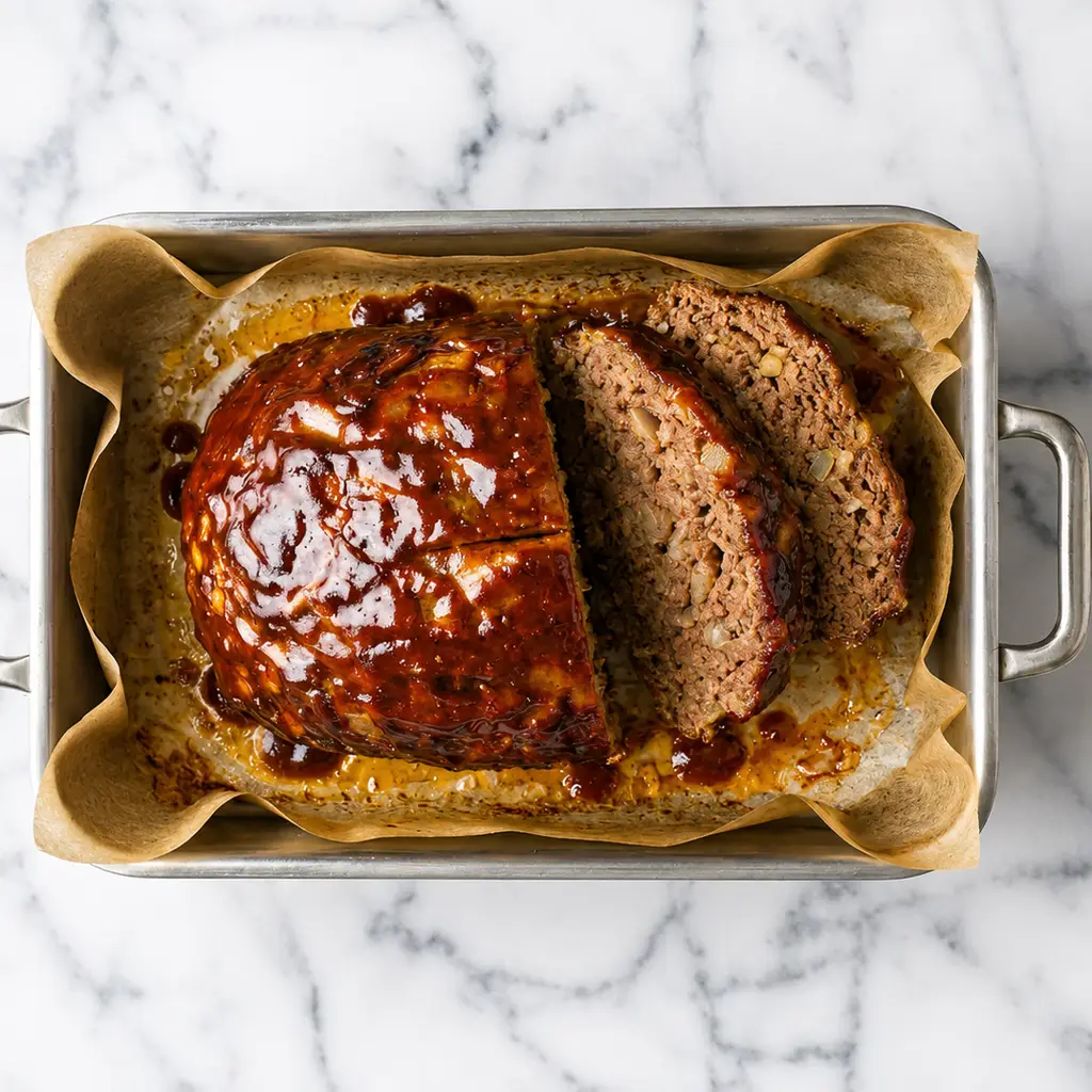 A thick, juicy smoked meatloaf coated in a glossy barbecue glaze, sliced to reveal a tender interior with visible onions, resting on parchment paper in a metal roasting pan.