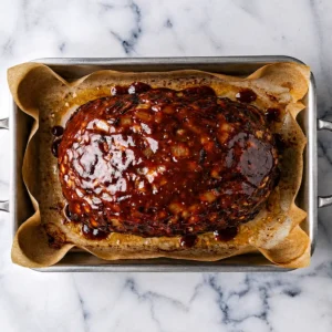 A large, glossy smoked meatloaf coated in a thick, dark BBQ glaze, resting on parchment paper inside a metal baking pan
