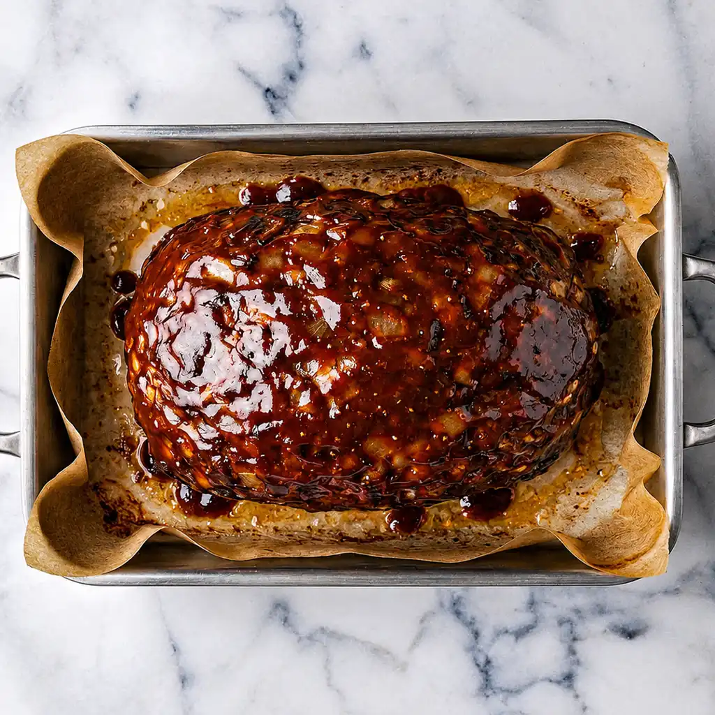 A large, glossy smoked meatloaf coated in a thick, dark BBQ glaze, resting on parchment paper inside a metal baking pan
