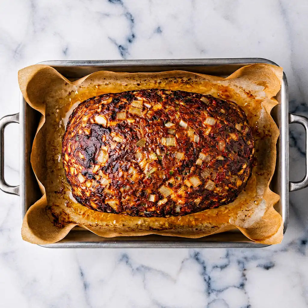 golden-brown smoked meatloaf packed with visible pieces of chopped onion, resting on parchment paper inside a metal baking pan over a marble countertop.
