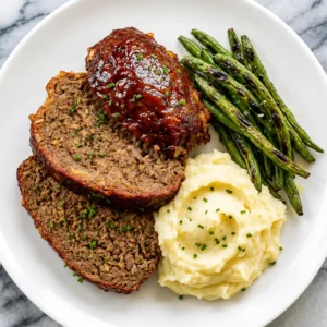 Slices of thick, glazed Smoked Meatloaf Recipe, served on a white plate alongside a mound of creamy mashed potatoes and charred green beans.