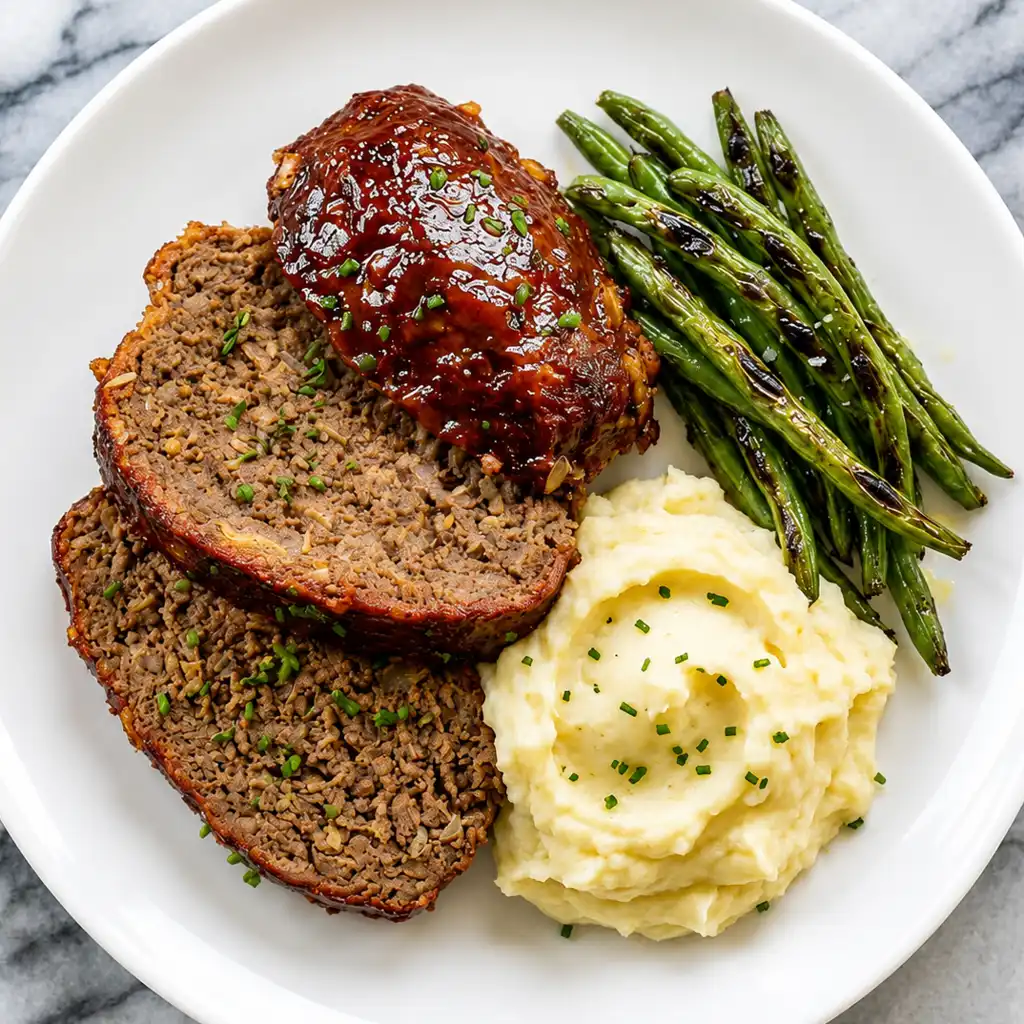 Slices of thick, glazed Smoked Meatloaf Recipe, served on a white plate alongside a mound of creamy mashed potatoes and charred green beans.