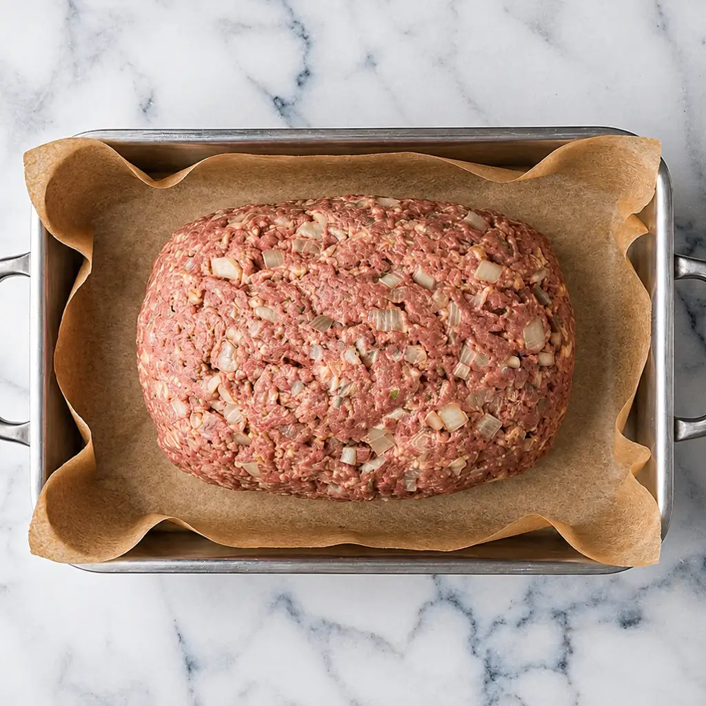 raw, seasoned ground meatloaf mixed with chopped onions, shaped and resting on brown parchment paper inside a metal baking pan over a marble surface.