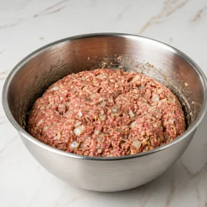 A large stainless steel mixing bowl filled with raw, seasoned ground meat mixture for smoked meatloaf, showing visible pieces of diced onions blended throughout, set on a light marble countertop.