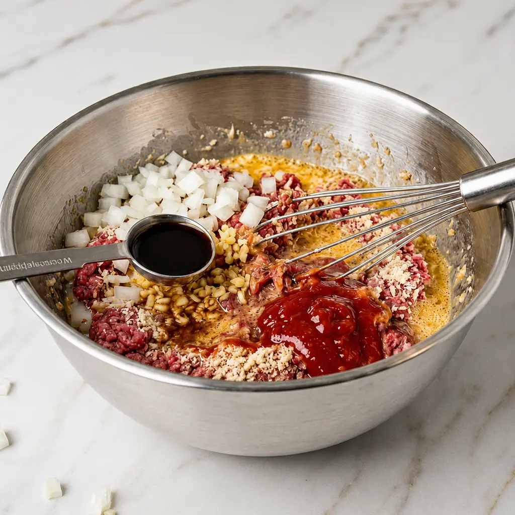 A stainless steel mixing bowl filled with raw ground meat, chopped onions, ketchup, spices, eggs, breadcrumbs, seasonings, a spoonful of Worcestershire sauce, milk, and chopped tomatoes