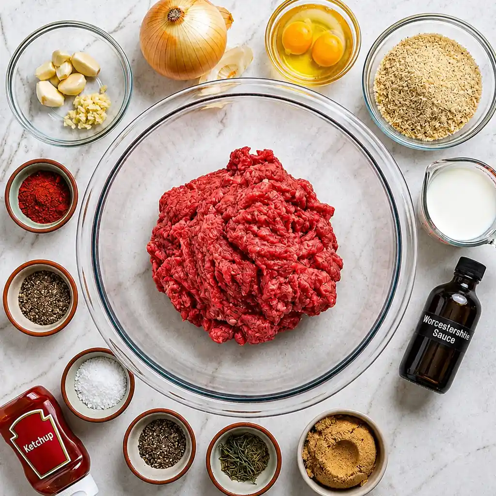 Smoked Meatloaf Recipe ingredients arranged around a large glass bowl of raw ground beef, including an onion, eggs, breadcrumbs, milk, Worcestershire sauce, ketchup, brown sugar, and spices.