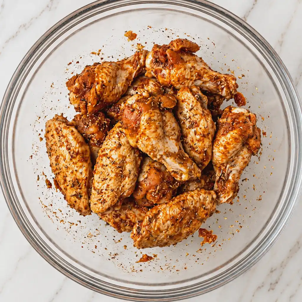 Raw split turkey wings tossed in a flavorful brown spice marinade and herbs, resting inside a large clear glass mixing bowl on a white marble countertop