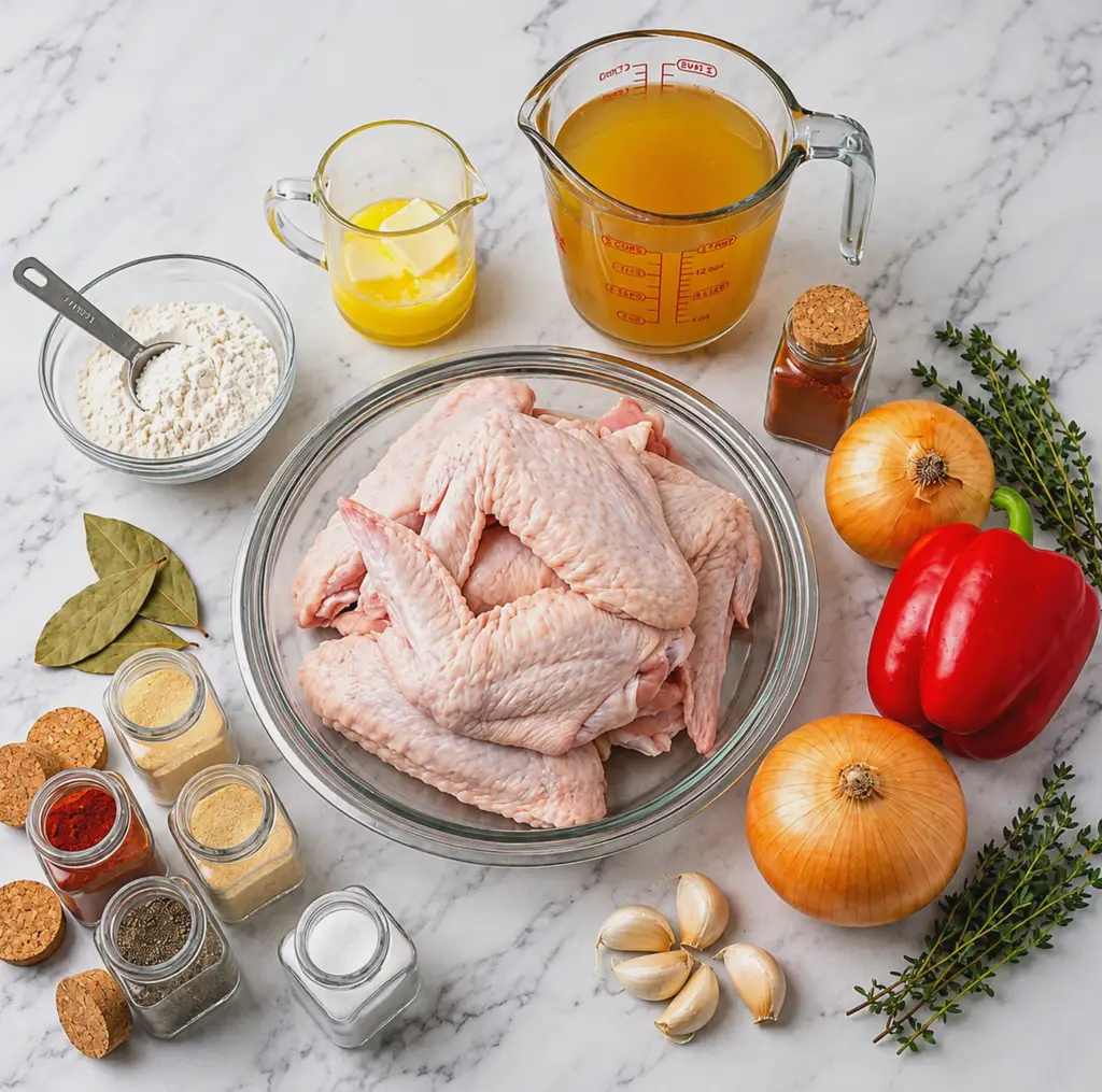 Smothered Turkey Wings recipe Ingredients list Raw turkey wings arranged in a clear glass bowl surrounded by flour, broth, butter, onions, red bell pepper, garlic, and spice jars on a white marble countertop.