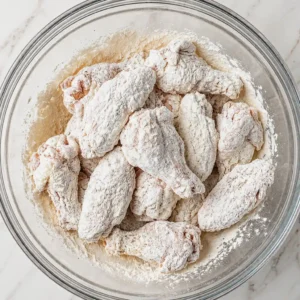 Split turkey wings generously coated in white flour, layered inside a large glass mixing bowl on a light marble countertop
