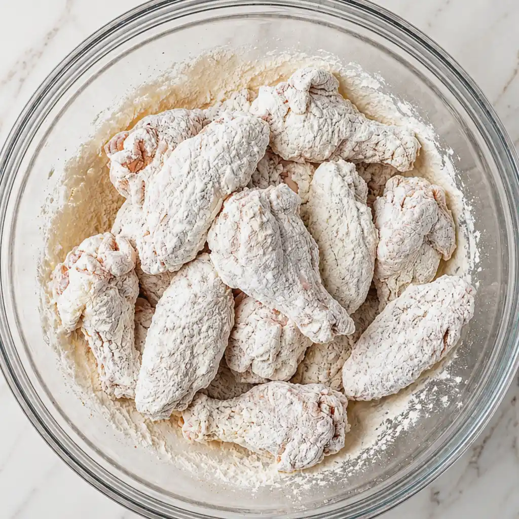 Split turkey wings generously coated in white flour, layered inside a large glass mixing bowl on a light marble countertop