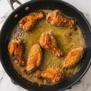 Golden brown split turkey wings searing in hot bubbling oil inside a large black skillet on a light marble countertop