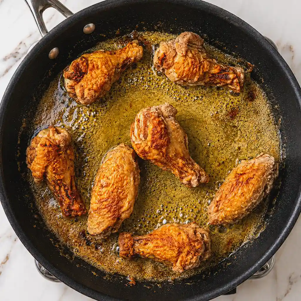 Golden brown split turkey wings searing in hot bubbling oil inside a large black skillet on a light marble countertop