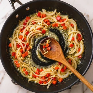 Sliced onions, diced red bell peppers, and minced garlic sautéing in melted butter inside a black skillet with a wooden spoon on a light marble surface for turkey wing gravy