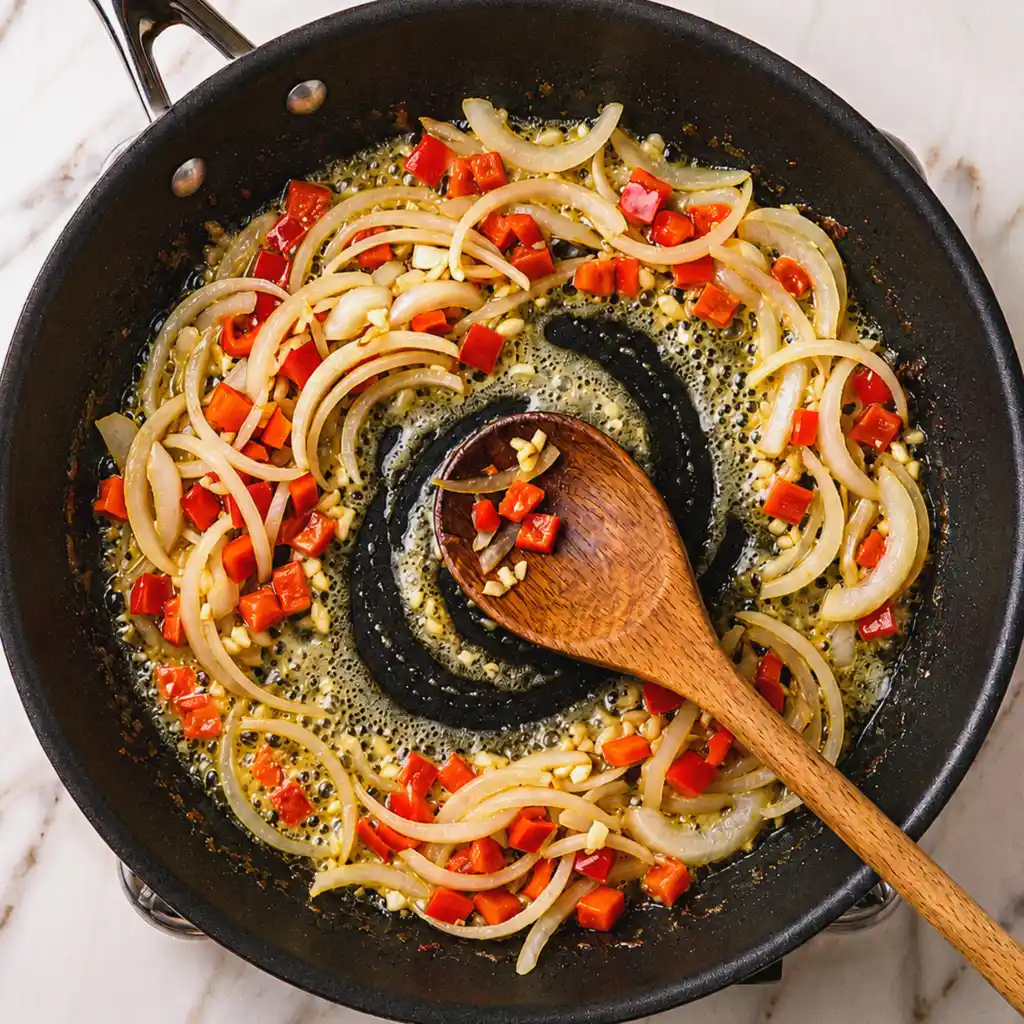 Sliced onions, diced red bell peppers, and minced garlic sautéing in melted butter inside a black skillet with a wooden spoon on a light marble surface for turkey wing gravy