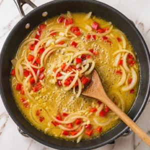 Sliced onions and diced red bell peppers simmering in a rich, bubbling savory broth inside a black skillet with a wooden spoon on a light marble countertop