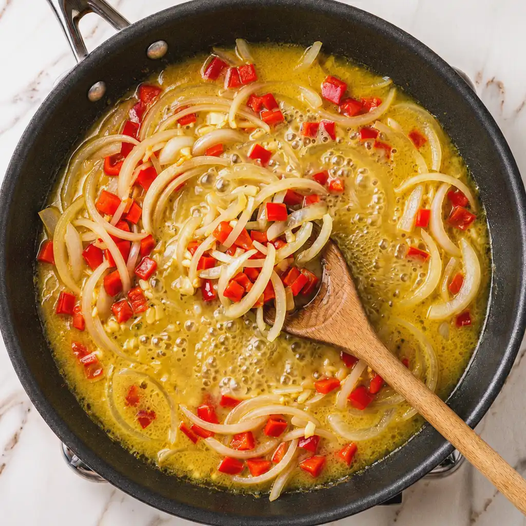Sliced onions and diced red bell peppers simmering in a rich, bubbling savory broth inside a black skillet with a wooden spoon on a light marble countertop