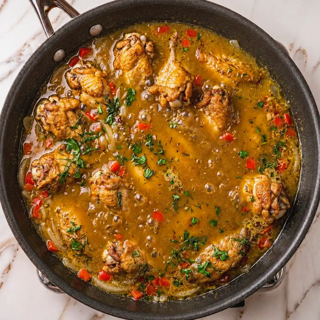 Seared split turkey wings simmering in a rich, bubbling gravy with sliced onions, diced red peppers, and fresh herbs inside a large skillet on a white marble countertop.