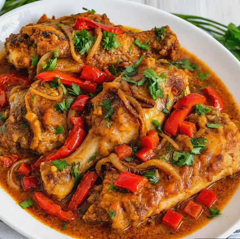 Smothered Turkey Wings smothered in rich savory gravy with sautéed sliced onions, red bell peppers, and fresh chopped parsley, served in a white bowl