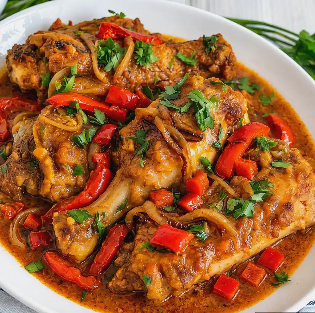 Smothered Turkey Wings smothered in rich savory gravy with sautéed sliced onions, red bell peppers, and fresh chopped parsley, served in a white bowl