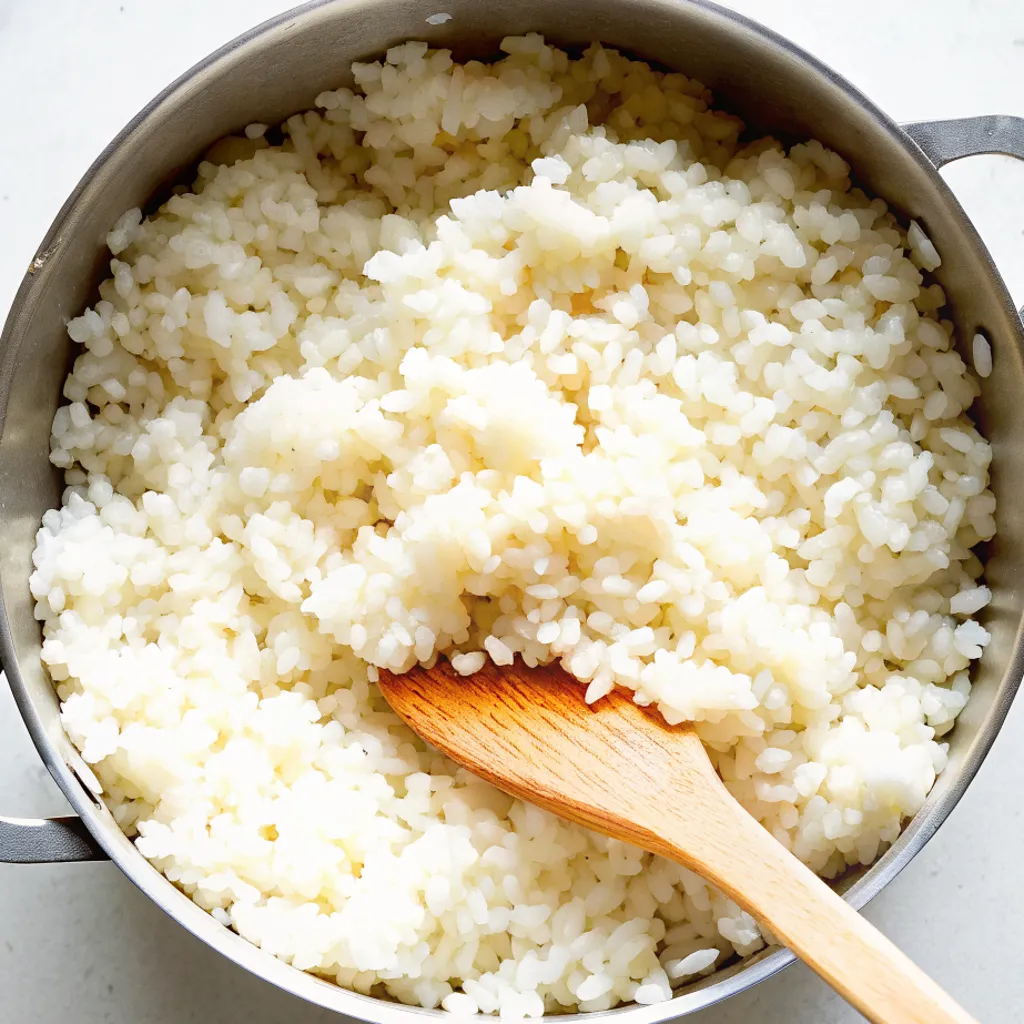 stainless steel pot filled with fluffy, cooked short-grain white rice. A wooden spoon rests inside, ready to stir the base for a sushi salmon bake.