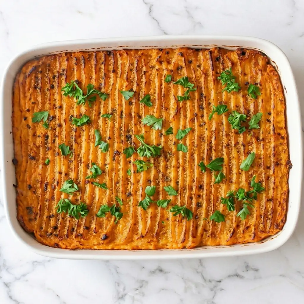 A large, rectangular baking dish holds the Sushi Salmon Bake before it goes into the oven; it is topped with an orange-colored, ribbed lid decorated with fresh green herbs and dark spices, and served on a marble platter.