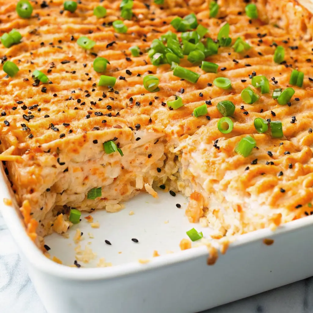 A cross-section of a sushi salmon bake in a white dish reveals layers of rice and creamy salmon, topped with piped spicy mayo, black sesame seeds, and fresh green onions.