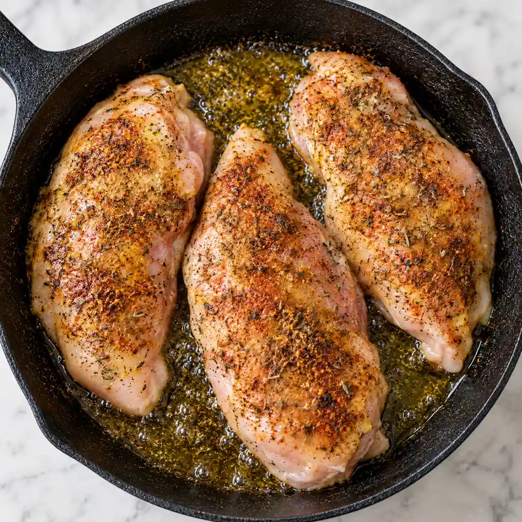 Three raw, marinated chicken breasts are being grilled in a black cast-iron skillet with olive oil, on a white marble countertop.
