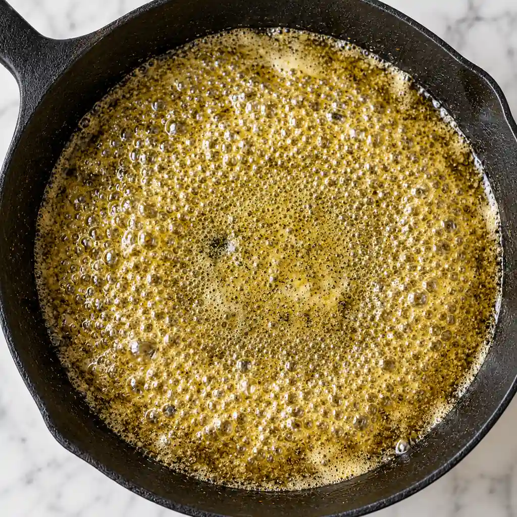 Oil is sizzling in a heavy black cast-iron skillet, which stands out against the backdrop of a light-colored marble countertop.