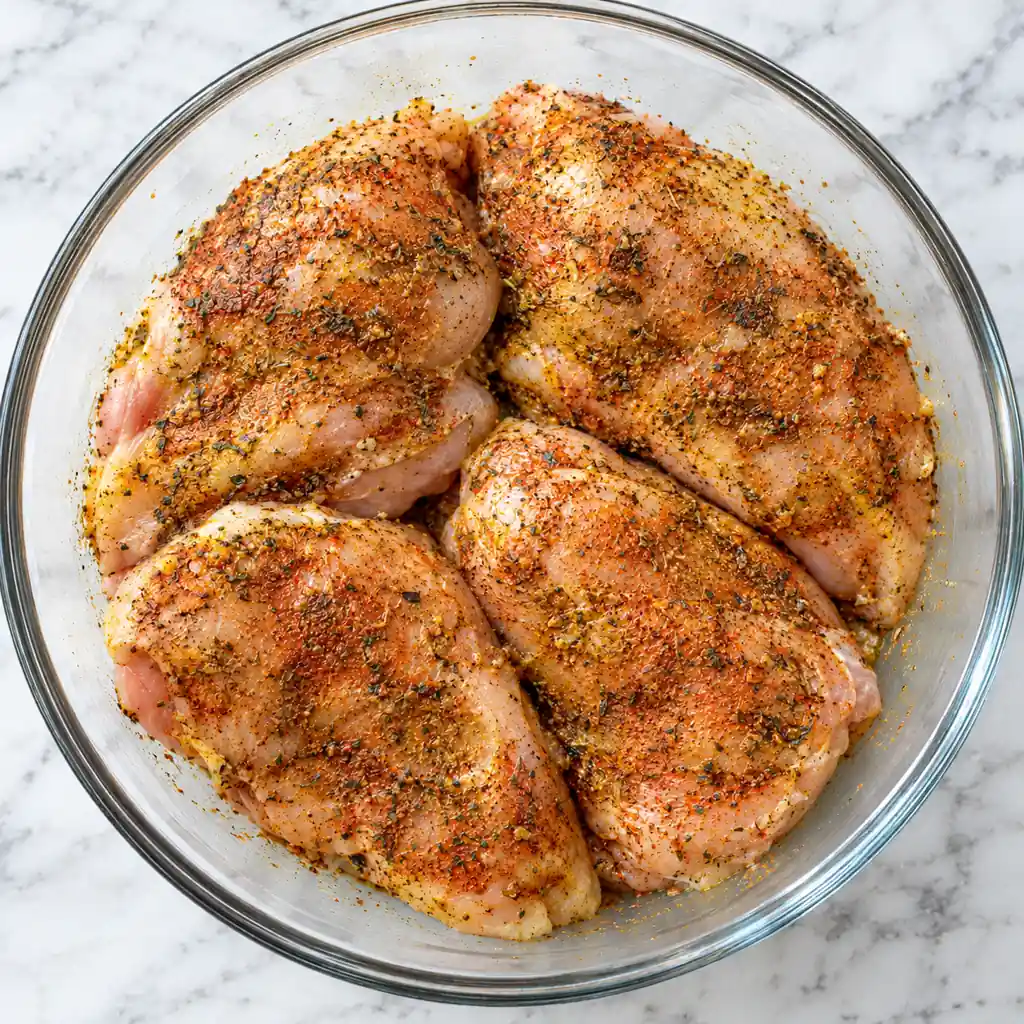 Four raw chicken breasts generously coated with dry spice seasoning, arranged neatly inside a large clear glass bowl on a white marble surface.