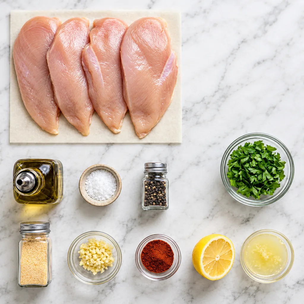 ingredients of thin chicken breast recipes four raw chicken cutlets olive oil, spices, garlic, fresh parsley, and lemon on a white marble surface.