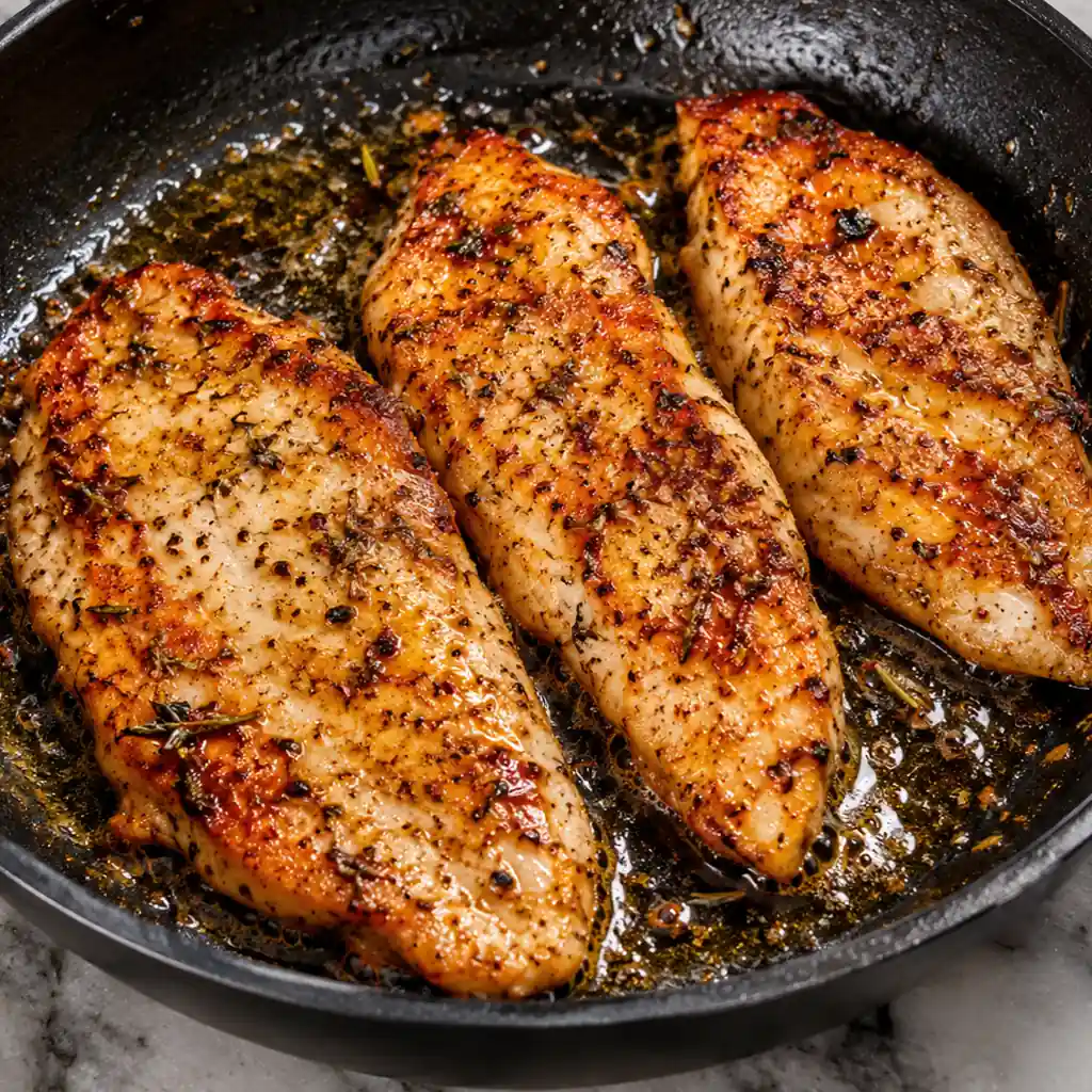 thin chicken breast recipes Three golden-brown, pan-seared chicken breasts cooked to perfection with herbs and pan juices inside a sizzling black skillet.
