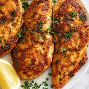 thin chicken breast recipes Juicy, well-seasoned pan-seared chicken breasts garnished with fresh chopped parsley and served with a sliced lemon on a white plate.