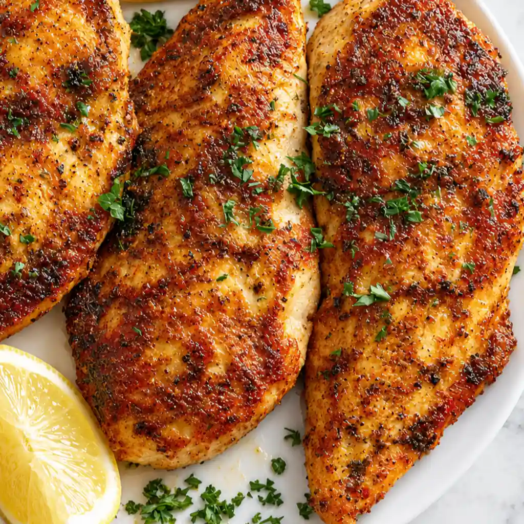 thin chicken breast recipes Juicy, well-seasoned pan-seared chicken breasts garnished with fresh chopped parsley and served with a sliced lemon on a white plate.