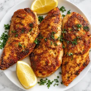 thin chicken breast recipes Juicy, well-seasoned pan-seared chicken breasts garnished with fresh chopped parsley and served with a sliced lemon on a white plate.