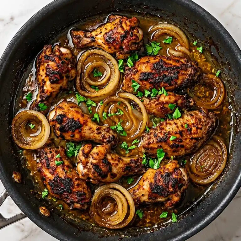 Golden roasted Turkey Wings Recipe simmered in rich gravy with sliced caramelized onions and fresh chopped parsley in a large skillet