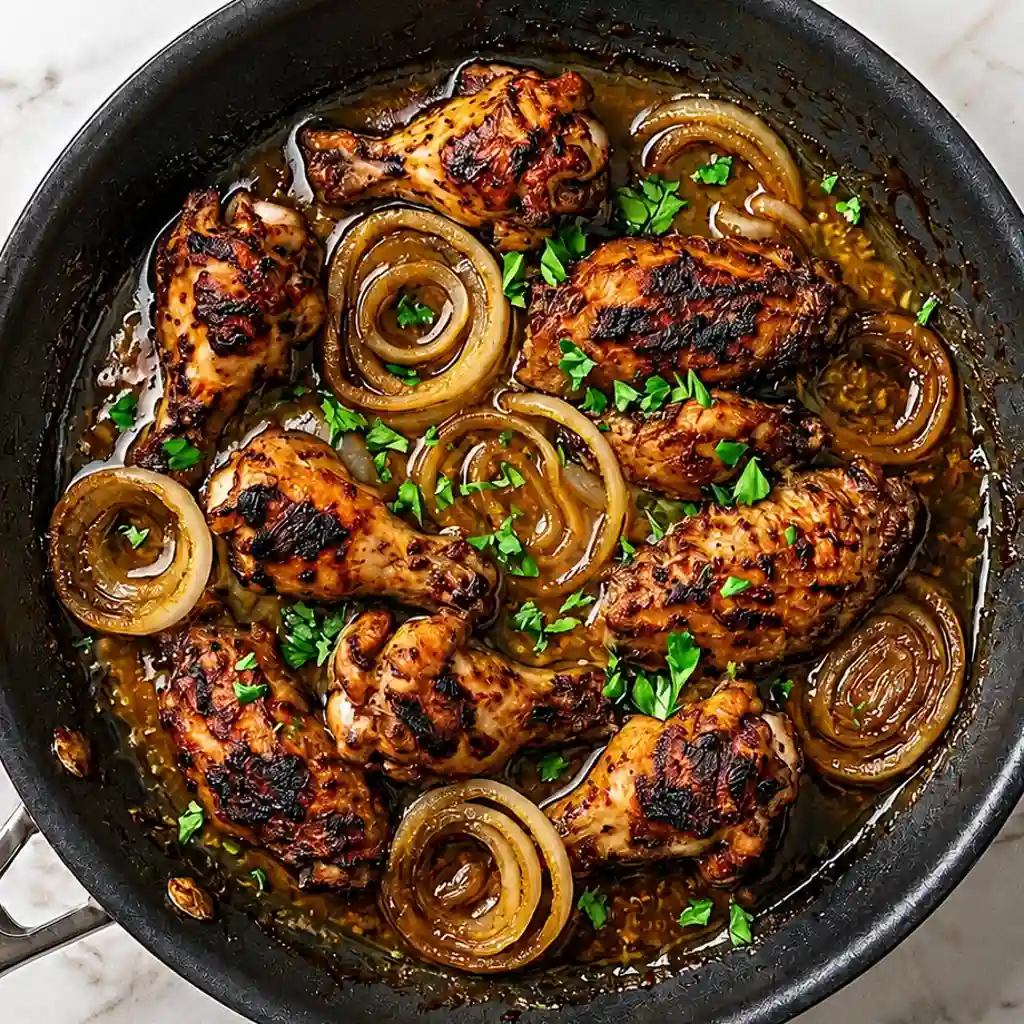 Golden roasted Turkey Wings Recipe simmered in rich gravy with sliced caramelized onions and fresh chopped parsley in a large skillet