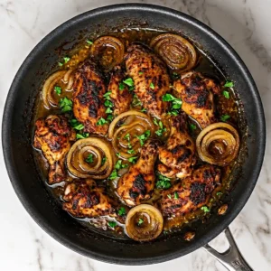 Golden roasted Turkey Wings Recipe simmered in rich gravy with sliced caramelized onions and fresh chopped parsley in a large skillet