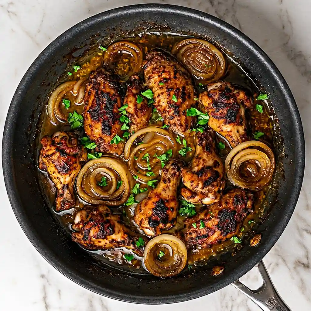Golden roasted Turkey Wings Recipe simmered in rich gravy with sliced caramelized onions and fresh chopped parsley in a large skillet