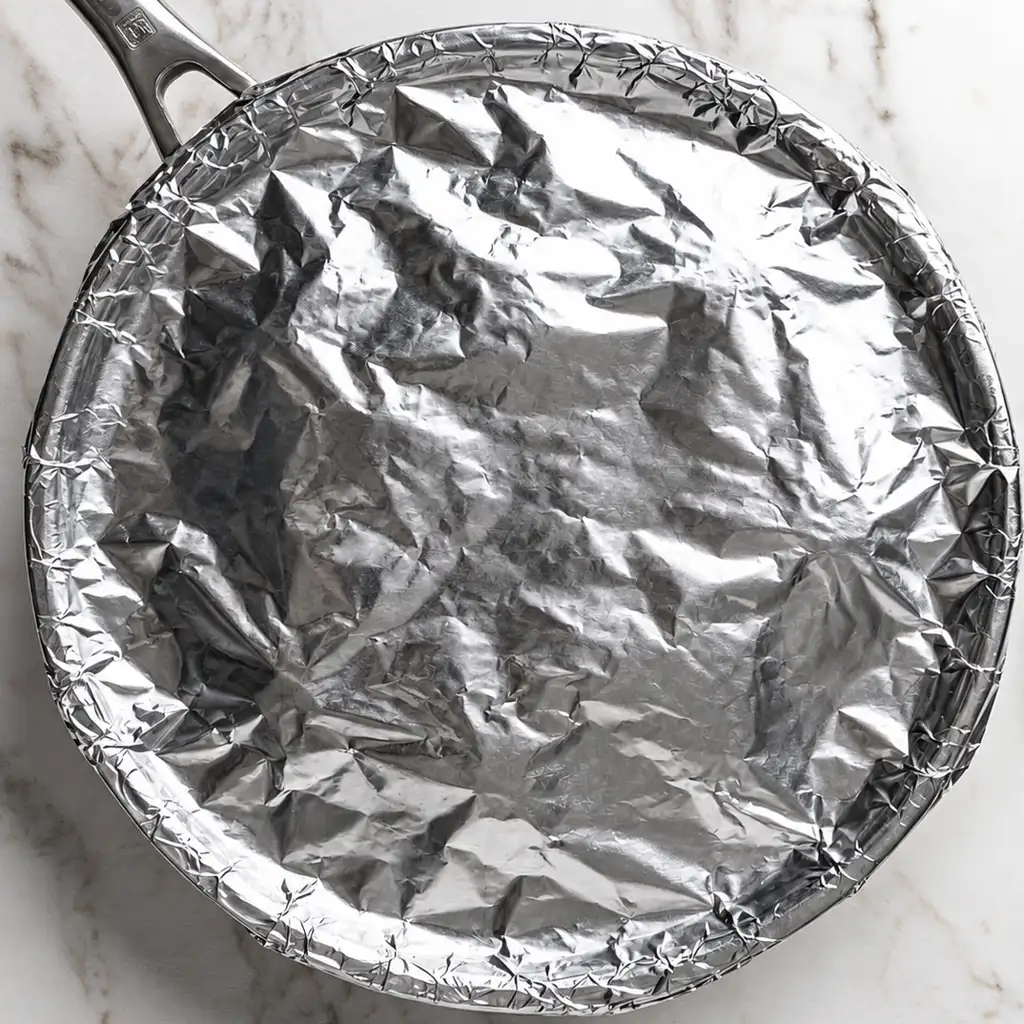 Large skillet tightly covered with crinkled aluminum foil sitting on a light marble surface