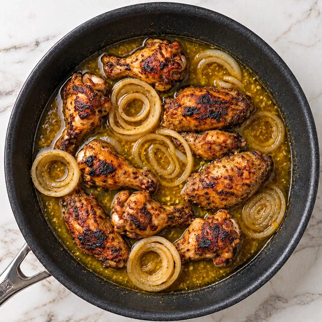 Seared turkey wings nestled alongside sliced yellow onion rings simmering in a seasoned brothy sauce inside a large black skillet