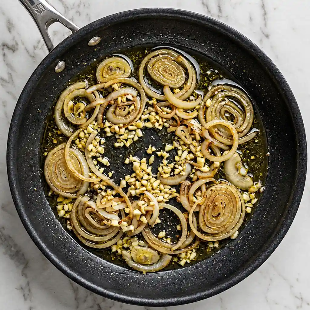 Sliced yellow onions and minced garlic sautéing in olive oil at the bottom of a large skillet over a marble countertop