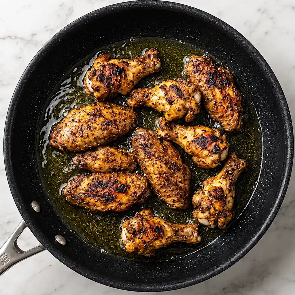 Crispy, herb-seasoned roasted turkey wings browning in savory pan drippings in a large black non-stick skillet