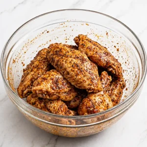 Raw, skin-on turkey wing portions thoroughly coated in a dark, textured marinade of spices, herbs, and oil, resting in a large clear glass mixing bowl on a marble counter.