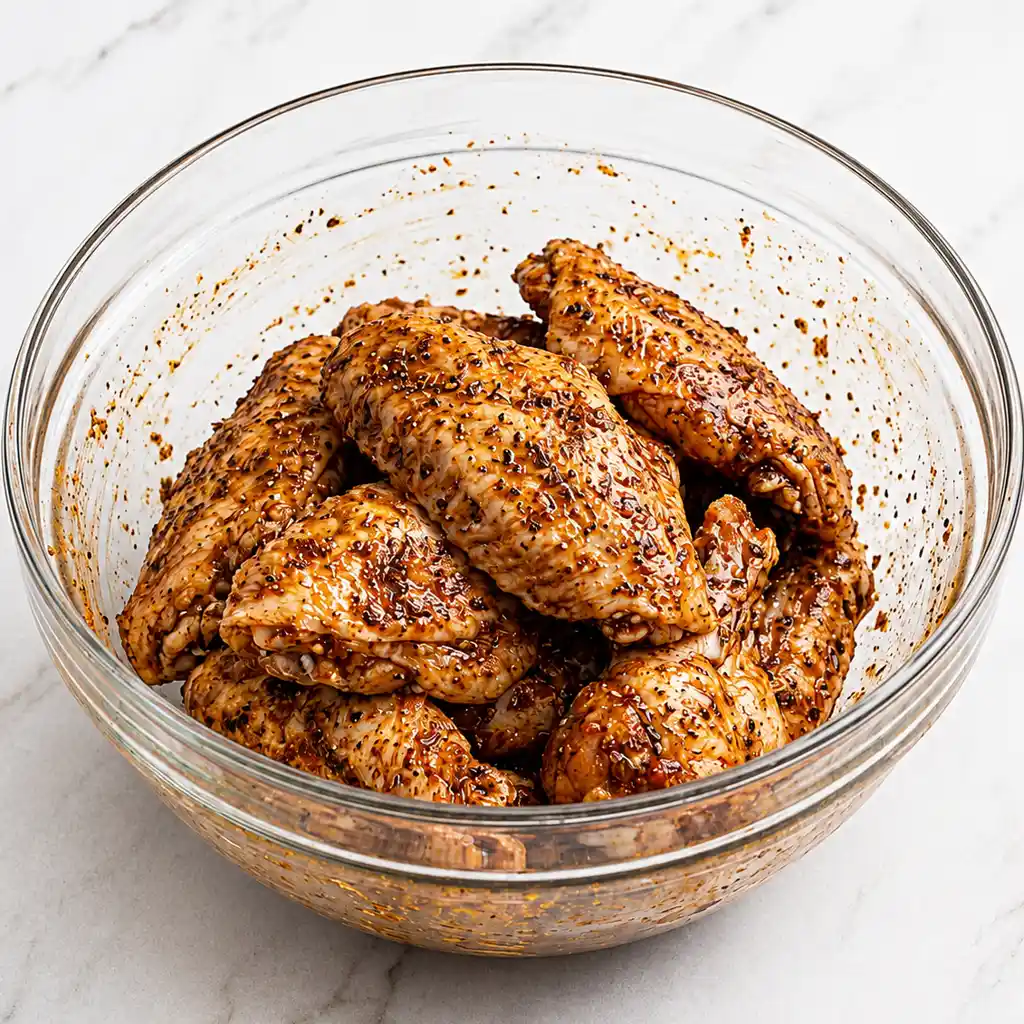 Raw, skin-on turkey wing portions thoroughly coated in a dark, textured marinade of spices, herbs, and oil, resting in a large clear glass mixing bowl on a marble counter.
