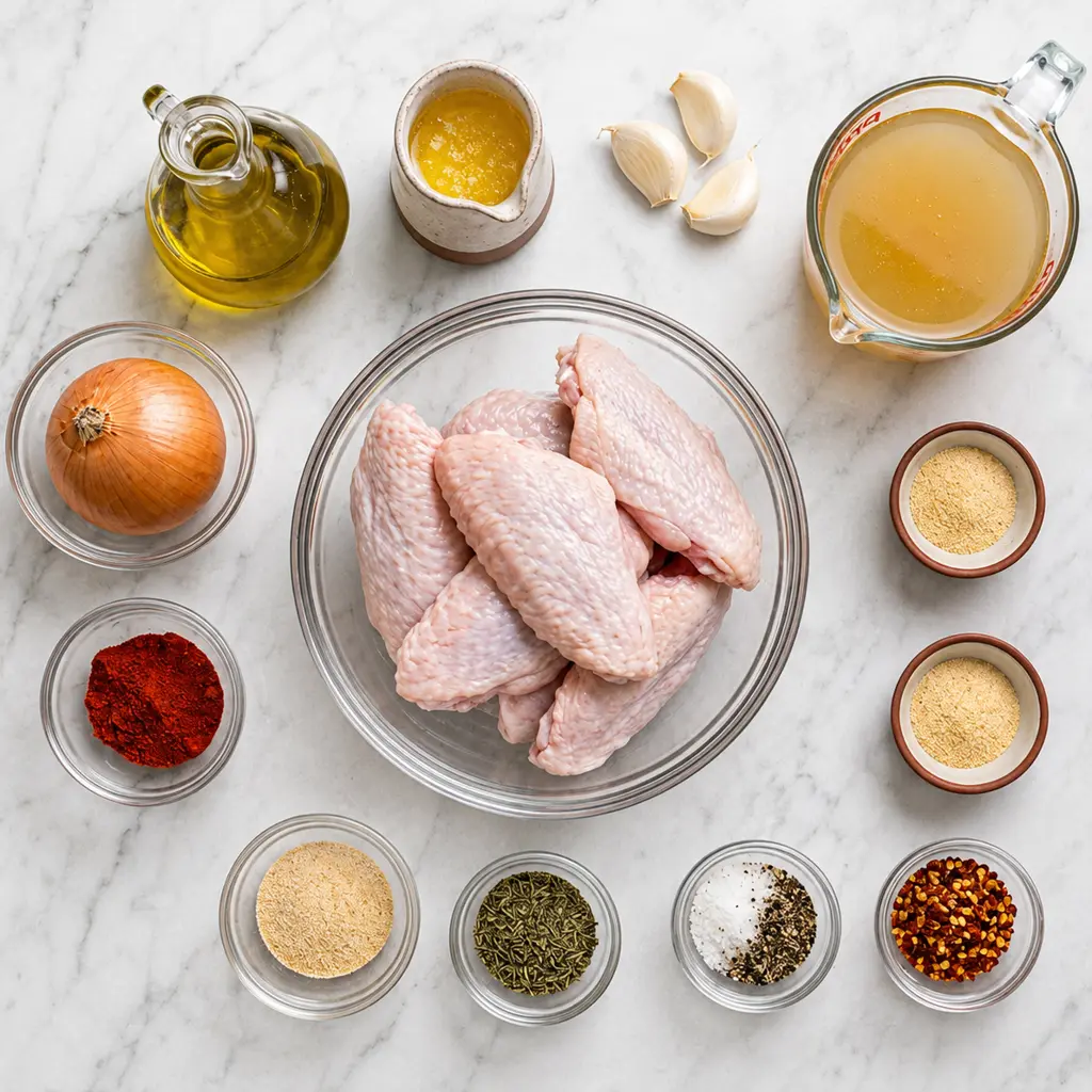 Fresh raw turkey wings in a glass bowl surrounded by Turkey Wings Recipe ingredients including chicken broth, olive oil, melted butter, whole onion, garlic, and small dishes of dried spices