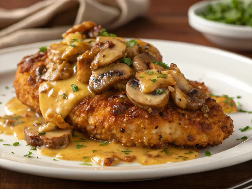 Alice Springs Chicken Crispy golden chicken breast topped with sautéed mushrooms, melted cheese, and creamy honey mustard sauce, garnished with fresh herbs on a white plate."