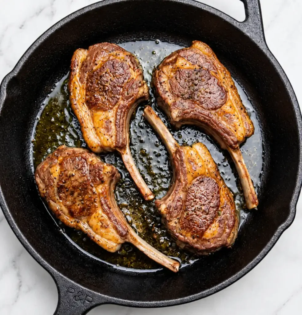 Four golden-brown, pan-seared lamb lollipops sizzling in oil inside a heavy black cast-iron skillet