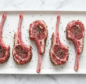 Raw, seasoned lamb lollipops lined up in an alternating pattern on a white rectangular platter, heavily crusted with cracked black pepper and coarse sea salt.